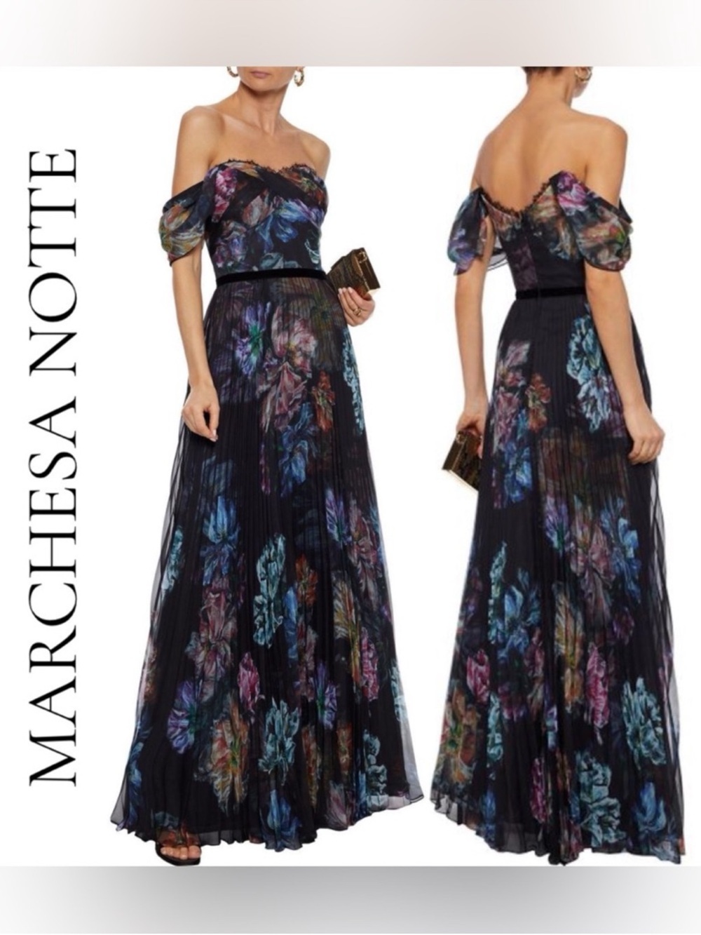 $895 Marchesa Notte Black Floral Printed Gown size 4‎